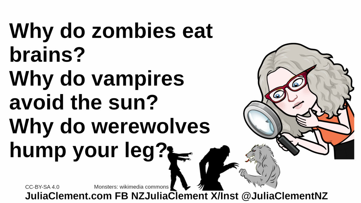 Julia uses a magnifying glass to examine a werewolf, Count Orlok (a vampire) & a zombie. Text: Why do zombies eat brains? Why do vampires avoid the sun? Why do werewolves hump your leg?