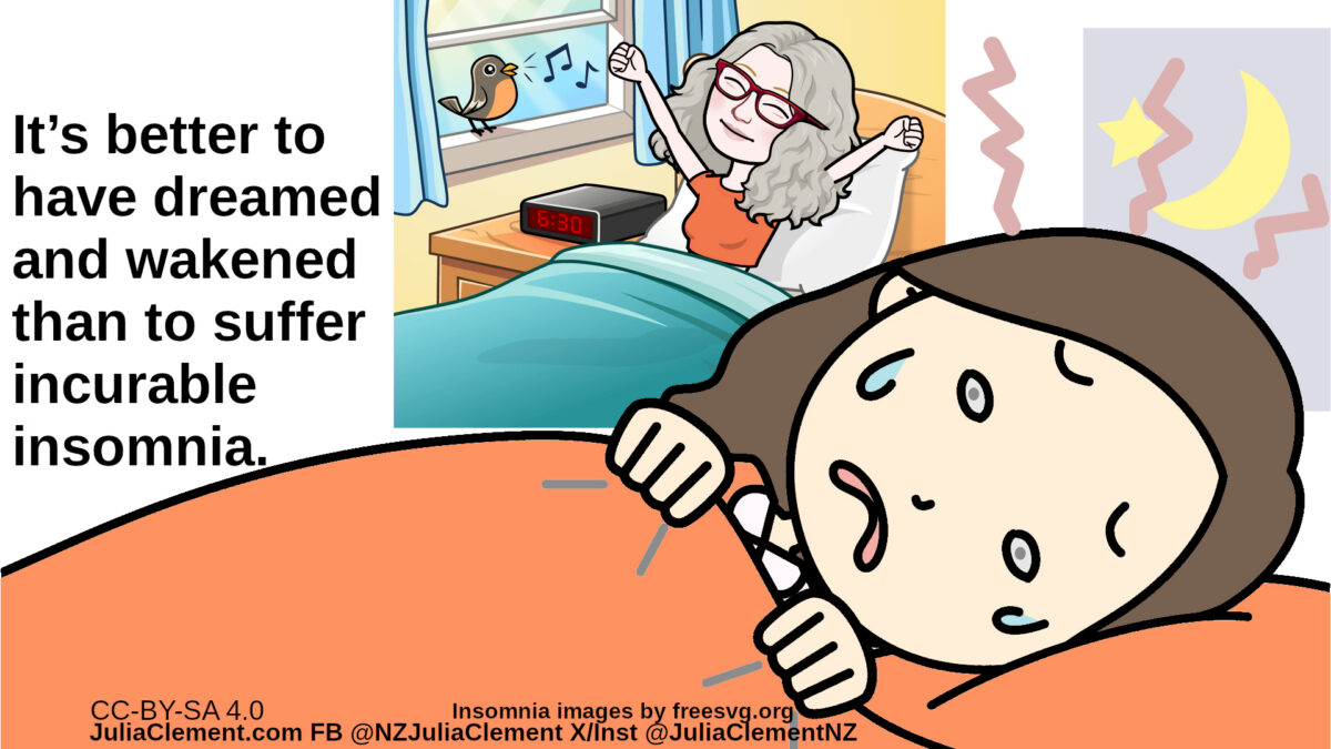 Julia has woken up & is stretching. Another woman is in another bed crying. Text: It’s better to have dreamed and wakened than to suffer incurable insomnia.