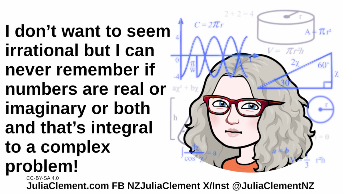 Julia with mathematical and geometric formulae. Text: I don’t want to seem irrational but I can never remember if numbers are real or imaginary or both and that’s integral to a complex problem!