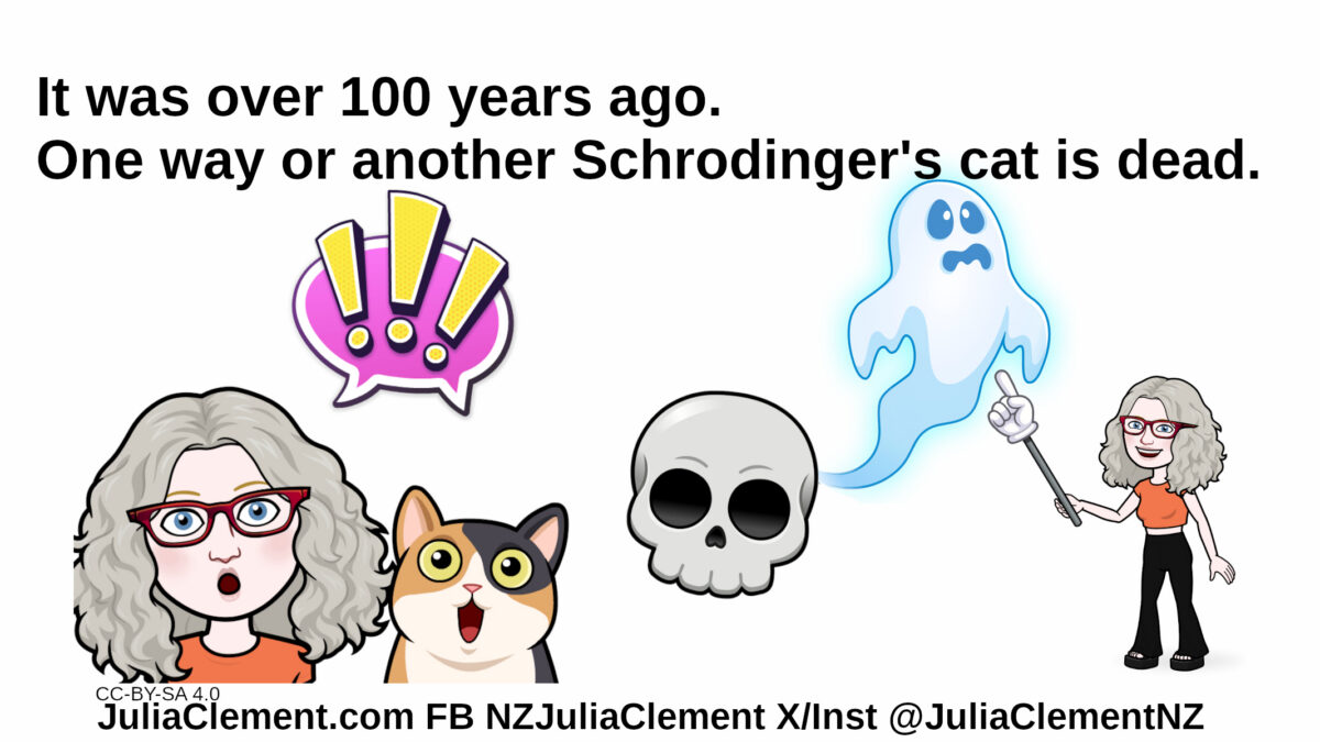 Julia and a cat with surprise marks floating above them, a ghost emerges from a skull, the same comedian pokes at the ghost with a pointer. Text: It was over 100 years ago. One way or another Schrödinger's cat is dead.