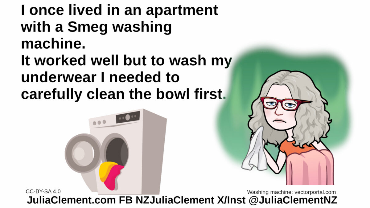 A washing machine, Julia, obviously unhappy is examining a cleaning cloth and towel. Text: I once lived in an apartment with a Smeg washing machine. It worked well but to wash my underwear I needed to carefully clean the bowl first.