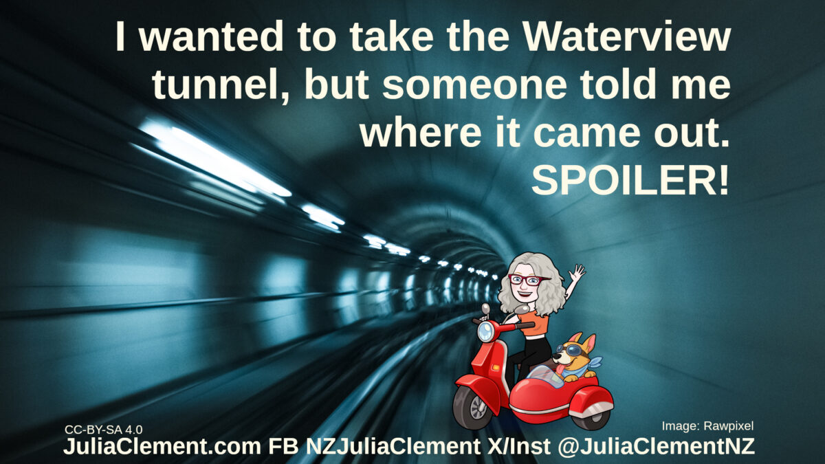 Julia on a scooter with a dog in a sidecar are in a road tunnel. Text: I wanted to take the Waterview tunnel, but someone told me where it came out. SPOILER!