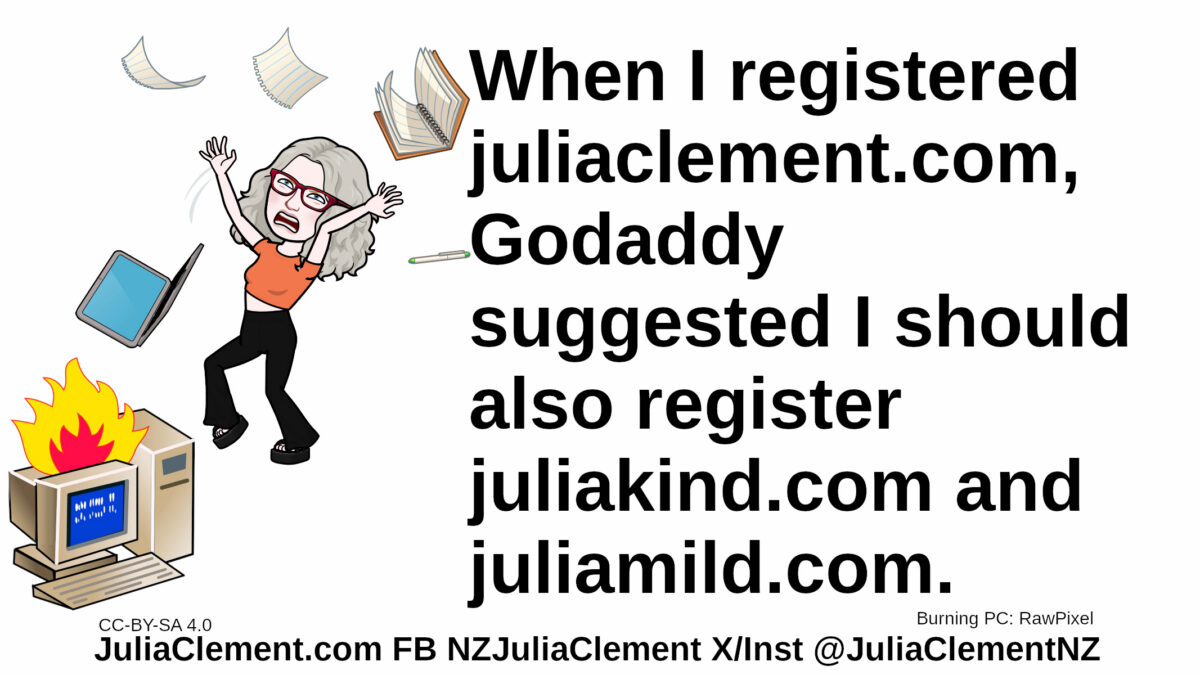 A burning PC. An exasperated comedian throws her laptop and papers in the air. Text: When I registered juliaclement.com, Godaddy suggested I should also register juliakind.com and juliamild.com.