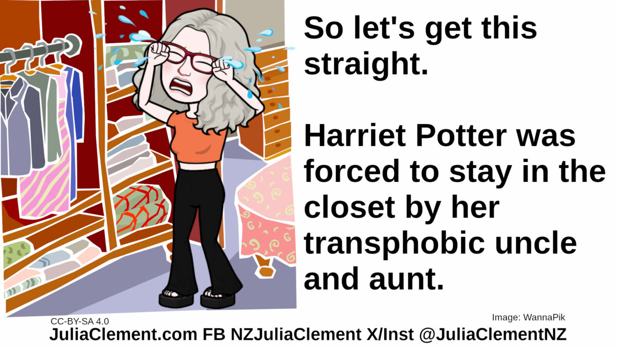 Julia stands by an open closet crying. Text: So let's get this straight. Harriet Potter was forced to stay in the closet by her transphobic uncle & aunt?
