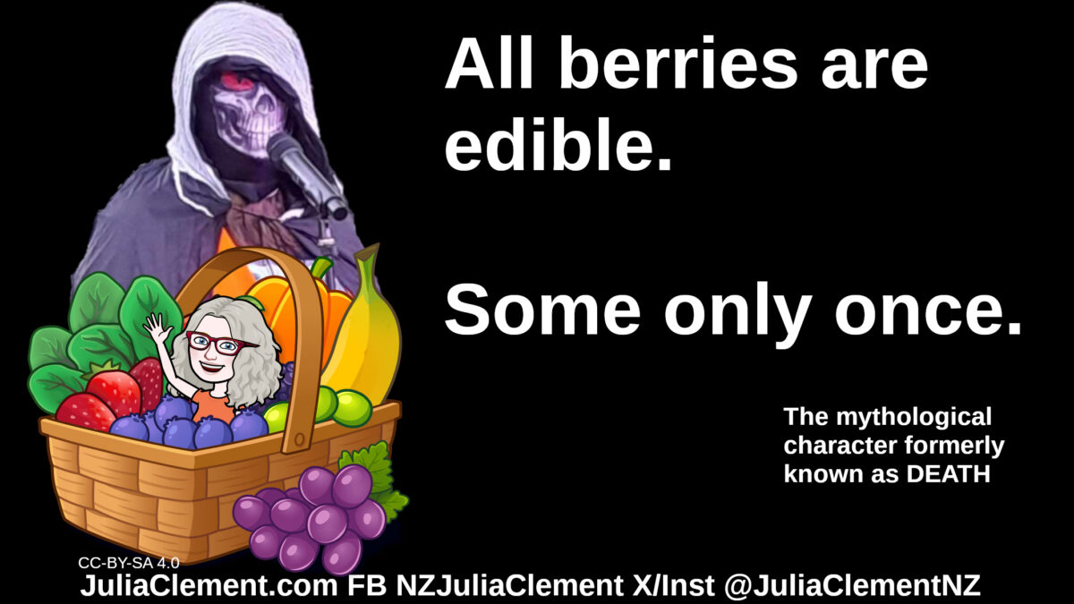 DEATH looms over Julia sitting in a basket of fruit. Text: DEATH: All berries are edible. Some only once.