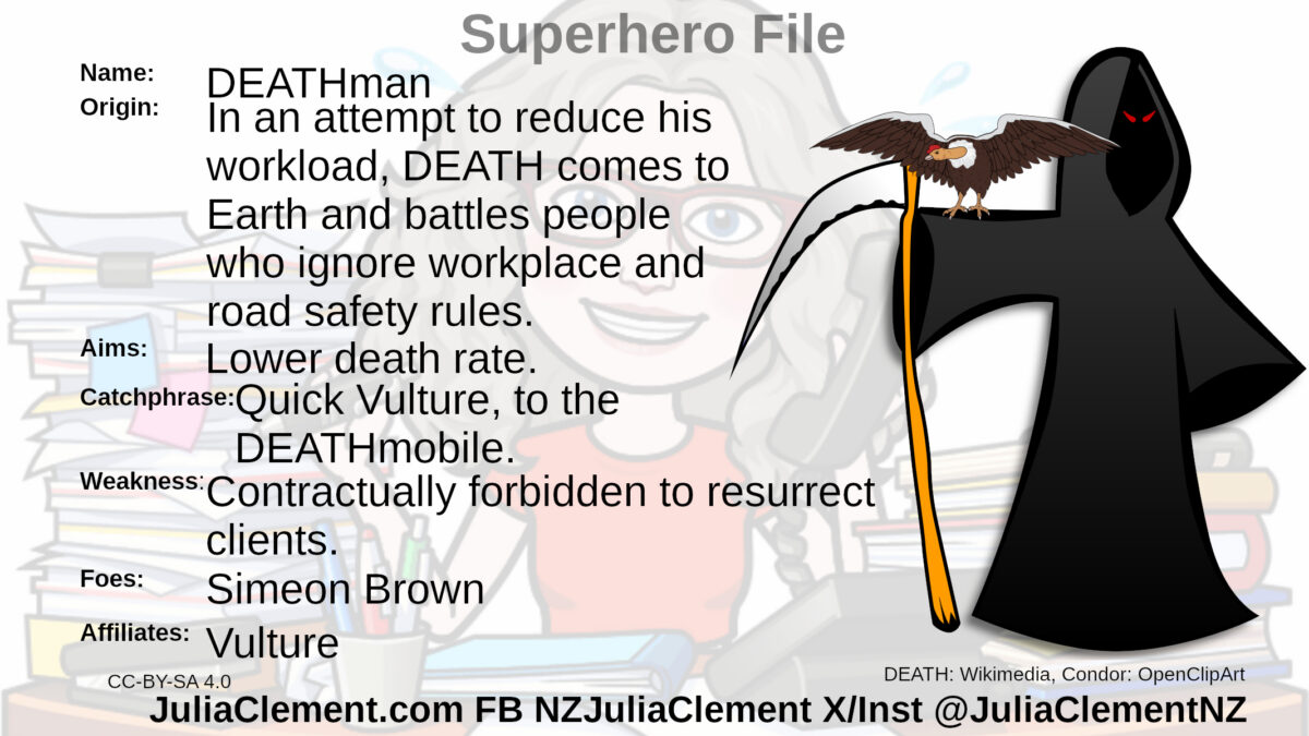 A Grim Reaper holding a scythe. VULTURE (a condor is perched on its arm. Text: Super Hero File Name: DEATHman Origin: In an attempt to reduce his workload, DEATH comes to Earth and battles people who ignore workplace and road safety rules. Powers: Catchphrase: Quick Vulture, to the DEATHmobile. Aims: Lower death rate. Weaknesses: Contractually forbidden to resurrect clients. Foes: Simeon Brown Affiliates: Vulture