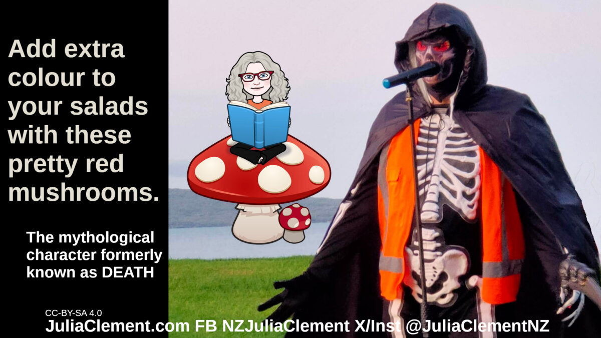 Julia sits on a fly agaric mushroom reading a book. DEATH says: Add extra colour to your salads with these pretty red mushrooms. Small text: The mythological creature formerly known as DEATH