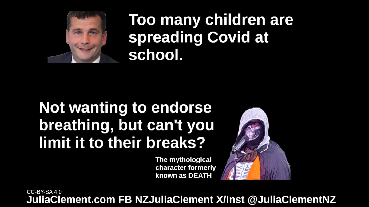 David Seymore: Too many children are spreading Covid at school. DEATH: Not wanting to endorse breathing, but can't you limit it to their breaks?