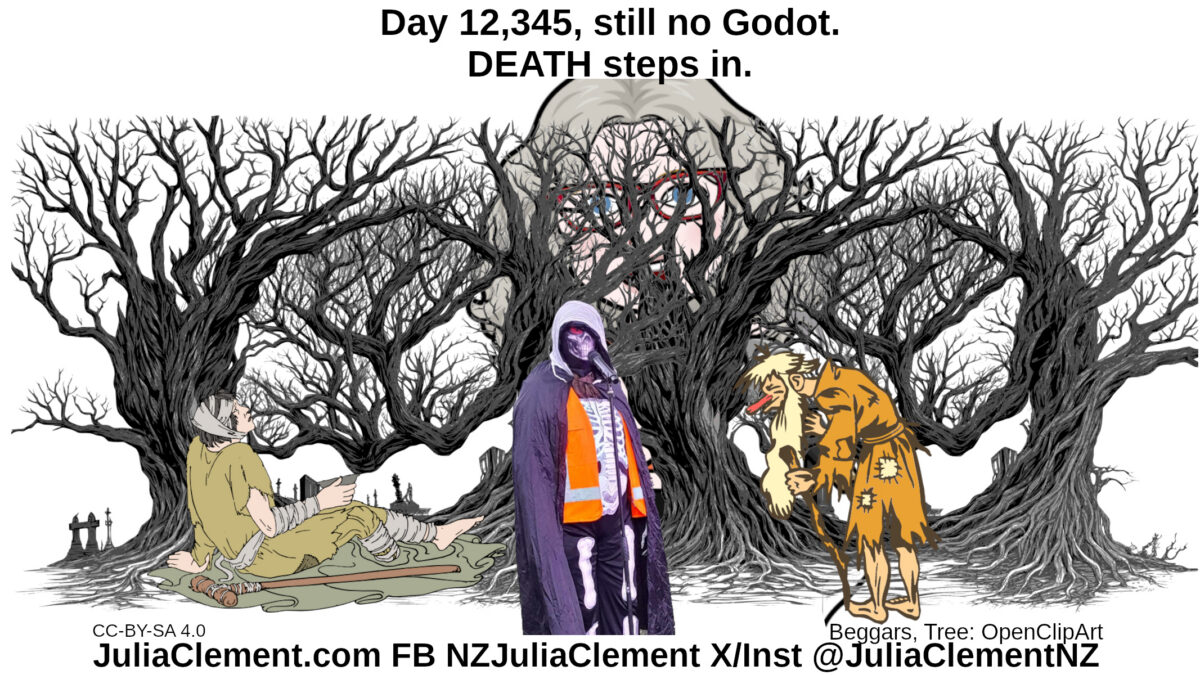 Julia peers through a leafless tree. Two obviously unwell old men in ragged clothes to the front. Between them is DEATH. Text: Day 12,345, still no Godot. DEATH steps in.
