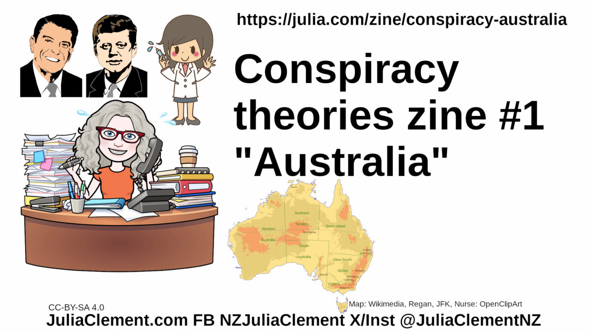 Regan, Kenedy and a nurse with a syringe. Julia at her desk on the phone and a map of Australia. Text" Conspiracy theories zine #1 "Australia"