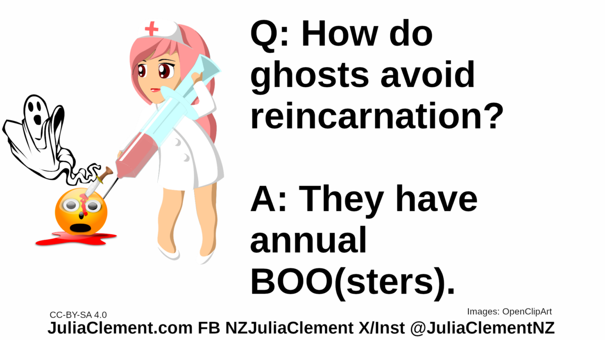 An emoticon with a knife plunged into its head and blood underneath it. A ghost floats above the emoticon. A nurse injects the emoticon with a pink liquid in a huge syringe. Text: Q: How do ghosts avoid reincarnation? A: They have annual BOO(sters).
